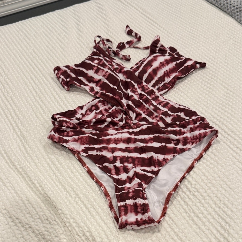 Popvil Maroon Tie-Dye One Piece Wrap Swimsuit